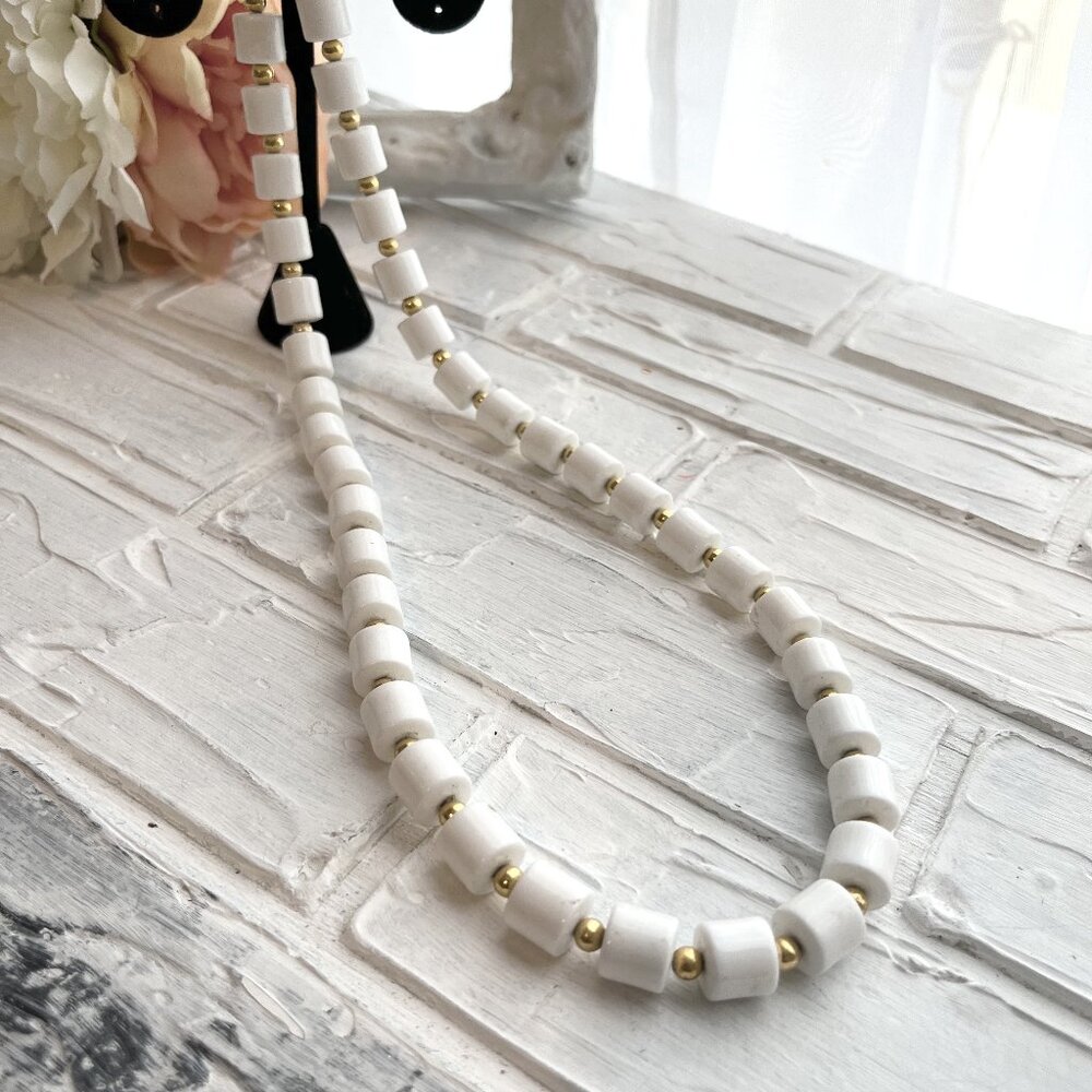 Vintage White Bead necklace with gold bead spacers (###)